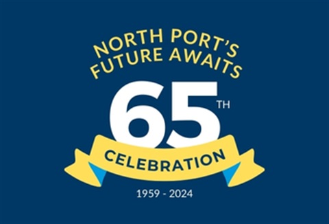 Logo showing 65th birthday and text 'North Port's future awaits'
