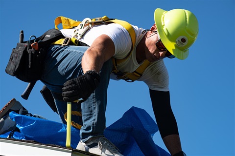 A worker in a hard hat installing a blue tarp on a roof.