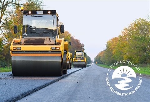 paving equipment on road with text 'City of North Port Road Rehabilitation Project'